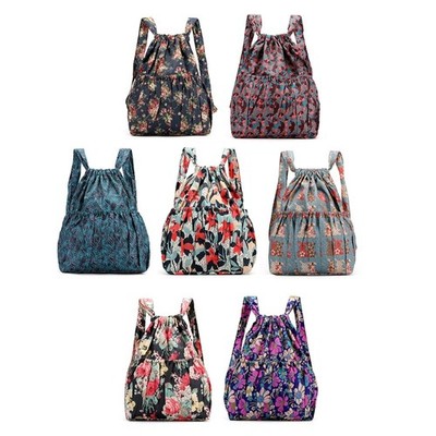 Women Boho Floral Print Drawstring Backpack Foldable Sports Tote Bag Sackpack