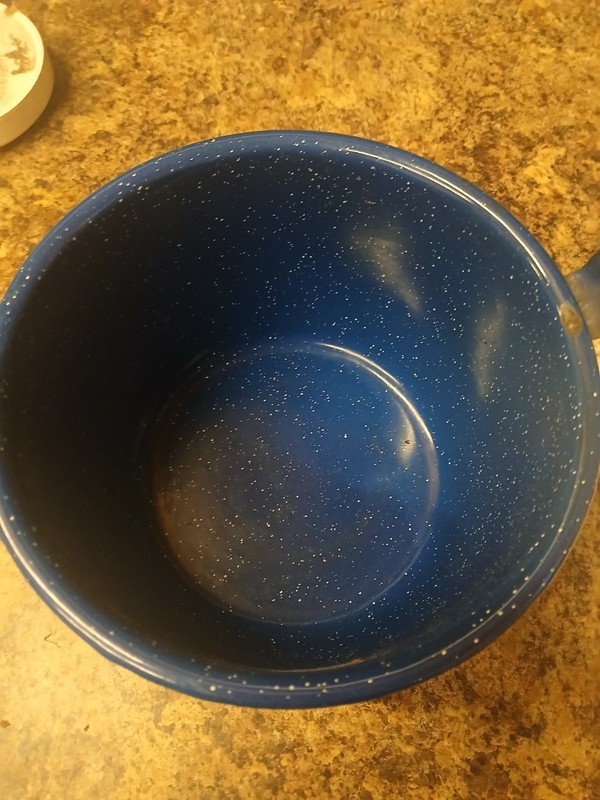 Blue White Enamel Camping Bowl Metal Handle Portable Lightweight Used