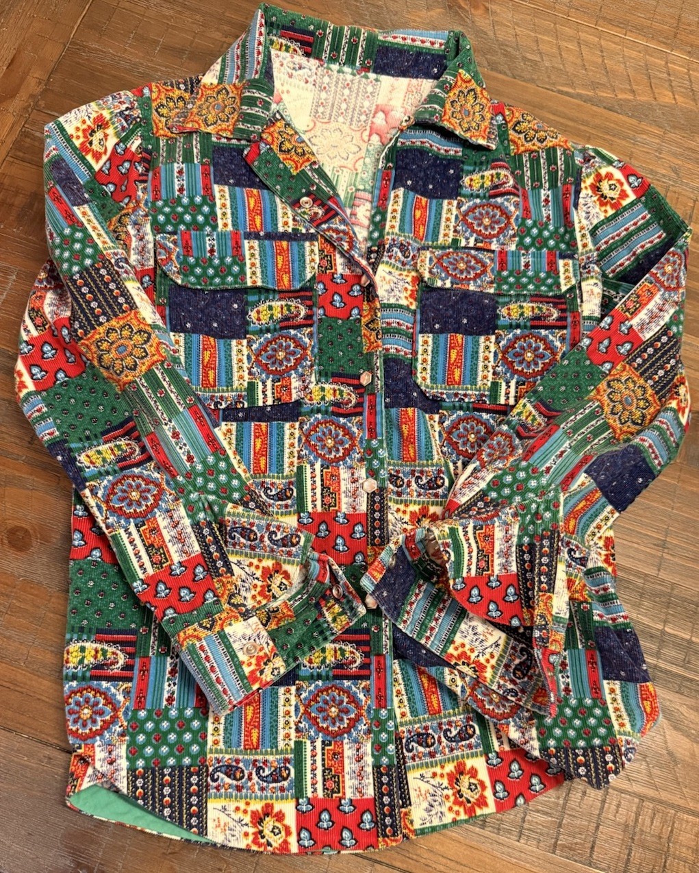 Vintage Patchwork Corduroy Button Down Shirt Boho… - image 3