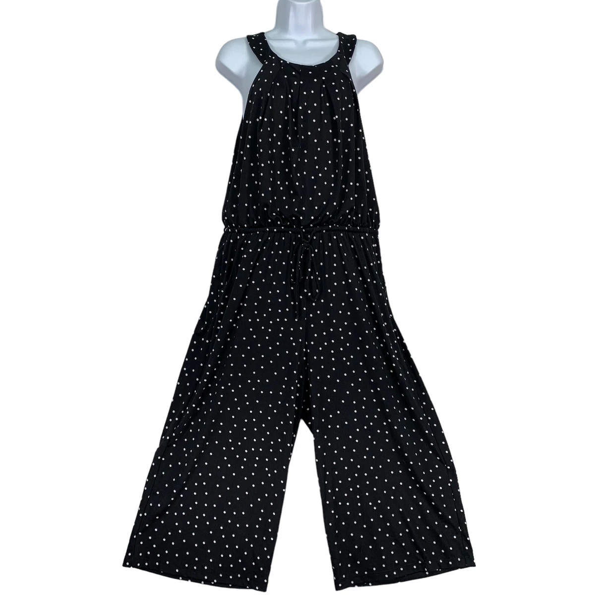 Cato Womens Halter Jumpsuit Size L Black Cropped Wide Leg Polka