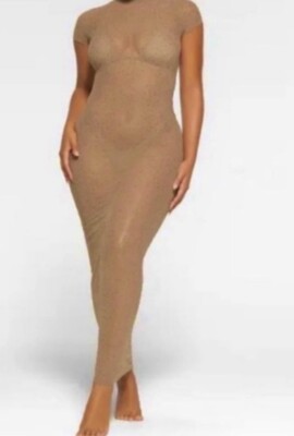 Skims Mesh Rhinestone Cover Up Long Dress Dessert 2X Resortwear Kim Kardashian