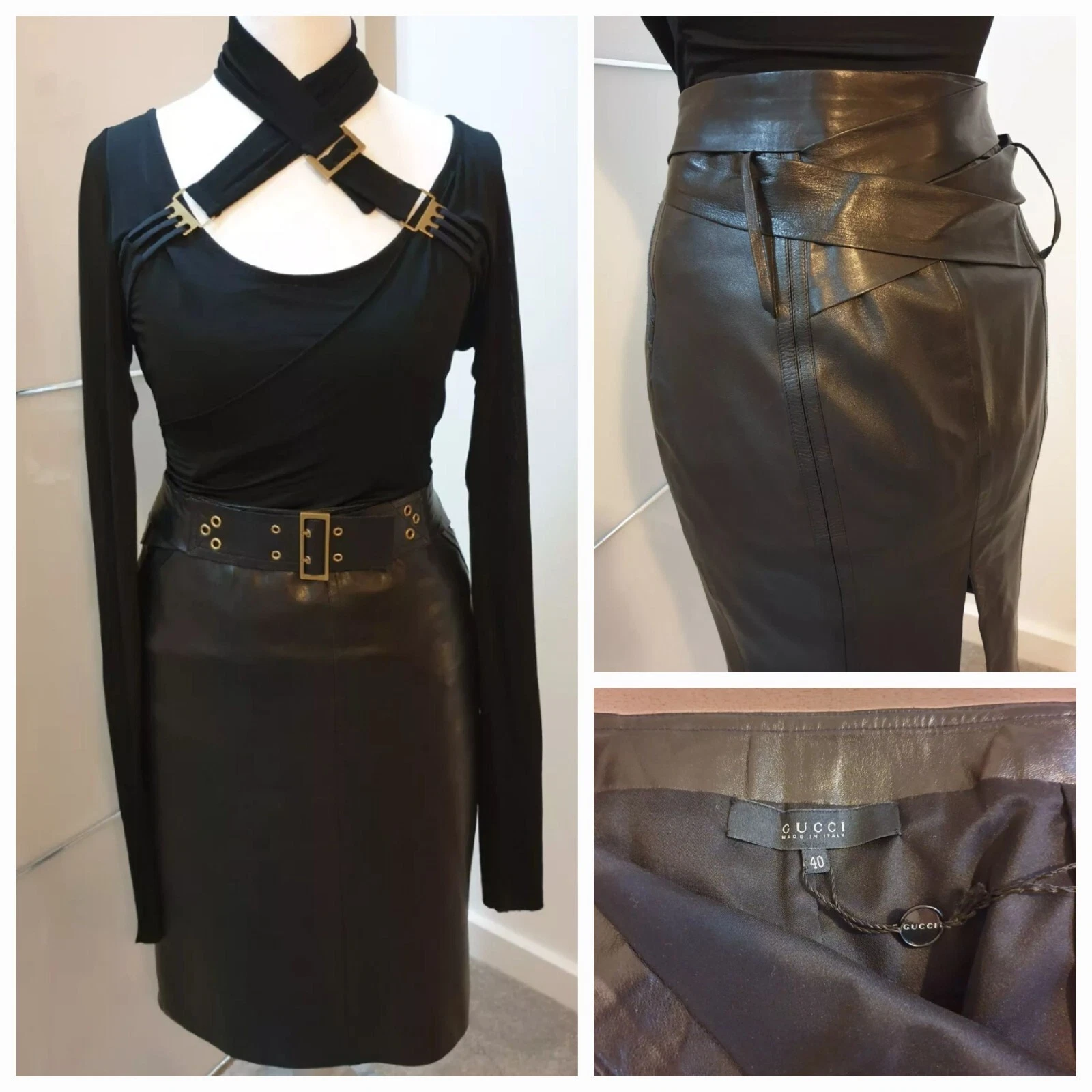 Jupe cuir corset ceinture boucle noire GUCCI Tom Ford hiver 2003 IT40 US4 UK8