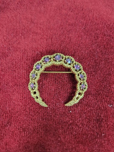 Vintage Gold Tone & Purple Colored Rhinestone Crescent Moon Brooch Pin 1.5”