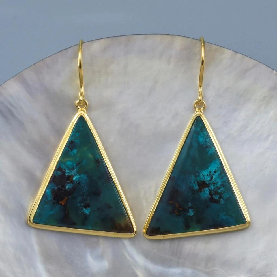 Pendientes Oro 18K Vermeil Plata de Ley Gema Sílice Crisocola Cabujón 8.39g Foto 4 de 4