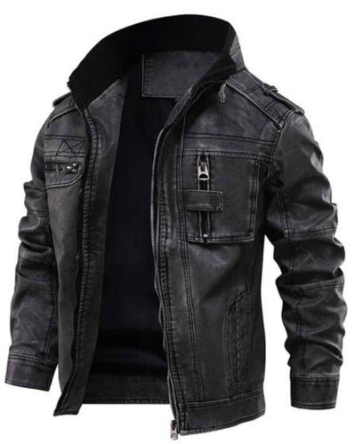 Men's SlimFit Motorcycle Distressed Black Bomber Geniune Lambskin Leather Jacket - Afbeelding 1 van 4