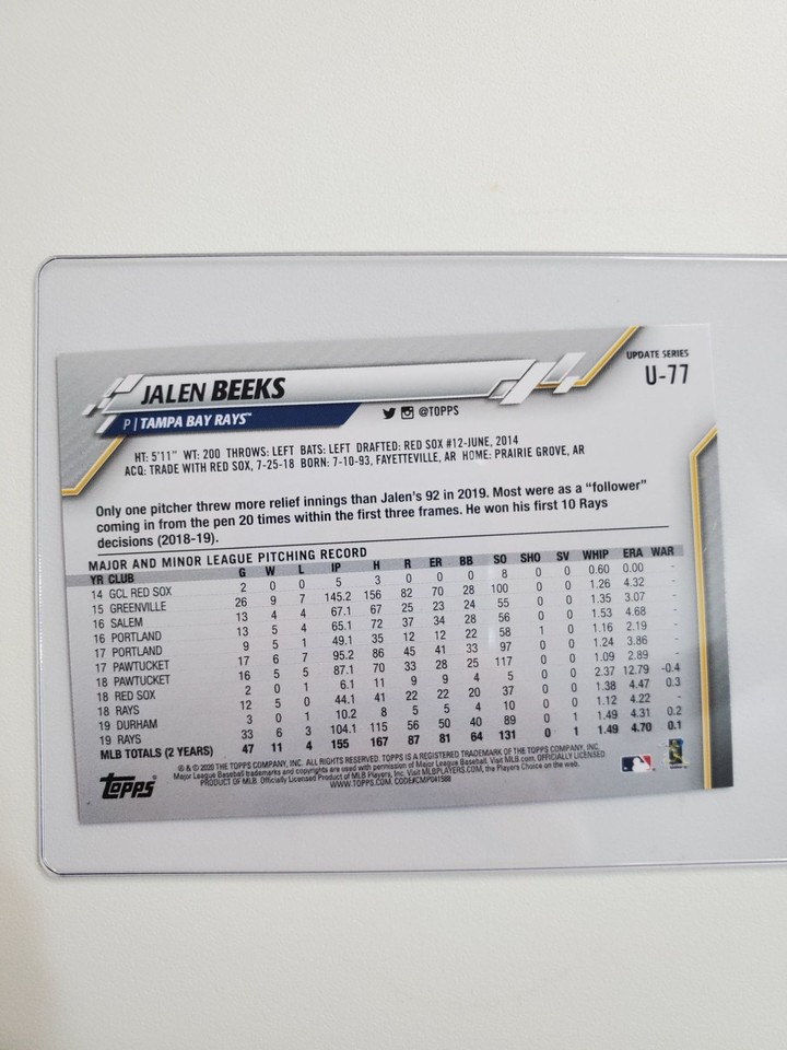 U77 Jalen Beeks Tampa Bay Rays TOPPS 2020 eBay