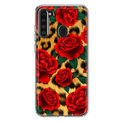 For Samsung Galaxy A21 Shockproof Hybrid Case, Cute Red Roses Leopard Cover