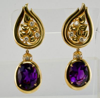 Boucles D'oreilles Pendantes Vintage - Or 18k, Améthyste Et Diamants - Occasion