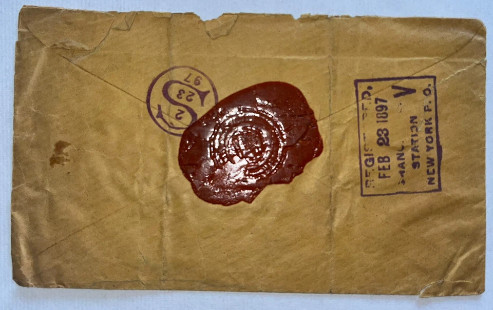 Cubierta Registrada México 15c Brt. Caja de llegada Blue Scott 251 a Nueva York 16 de febrero de 1897 Foto 4 de 4