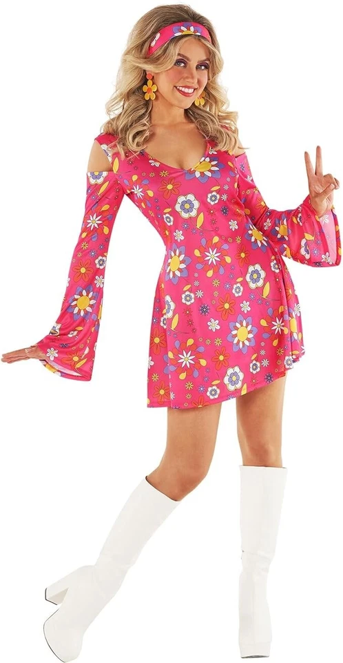 Mujer Rosa Hippie Disfraz Damas Años 60 70 Hippy Vestido S - 3XL Disco Groovy Bebé Foto 2 de 4