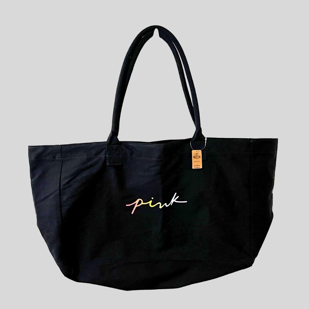 NWT Victoria's Secret PINK 100% Cotton Canvas Black Tote Bag