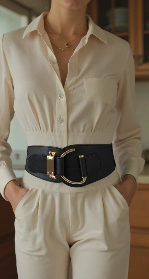 Cintura donna nera elasticizzata larga ecopelle fibbia gancio oro taglie forti L XL - Immagine 2 di 4