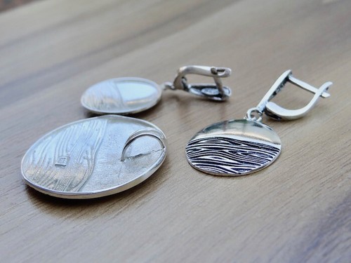 Sterling Silver 925 Round Earrings Pendant Set Ocean Sea Nature Inspired Jewelry - Picture 8 of 8