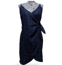 IJOAH Wrap Dress Womens L Navy Windowpane Plaid Tie Waist Mini Sleeveless V Neck