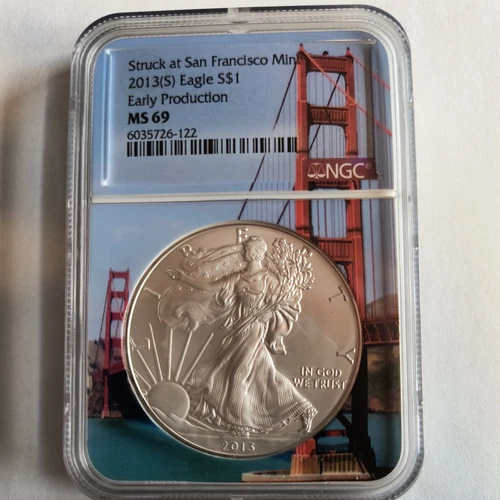🦅2013-S Early Production Silver Eagle NGC MS69 RARE San Francisco Bridge Core🦅
