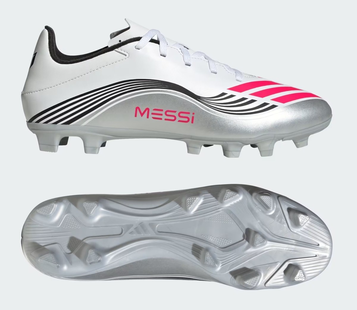 Adidas F50 Messi Club FG Soccer Cleats Shoes, White/Red/Silver