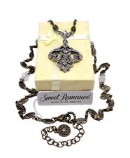 Sweet Romance Bronze & Silver Tone Necklace w/Clear Gems  NEW