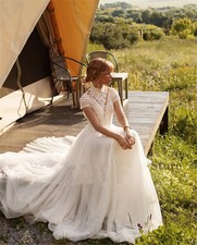 Bohemian Lace Tulle High Collar A-line Wedding Dress Boho Backless Short Sleeves