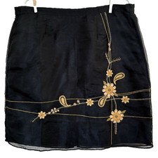Vtg 90s Black Sheer Overlay Skirt LP Gold Floral Embroidery Artsy Whimsigoth Mod