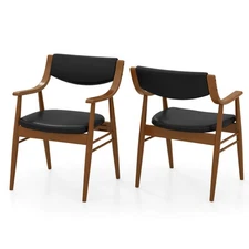 PU Leather Dining Chair 2 PCS w/Padded Seat & Back Armrests Rubber Wood Frame