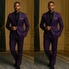 Dark Purple Men's Suits Peak Lapel Formal Wedding Groom Tuxedos 2Pieces Slim Fit