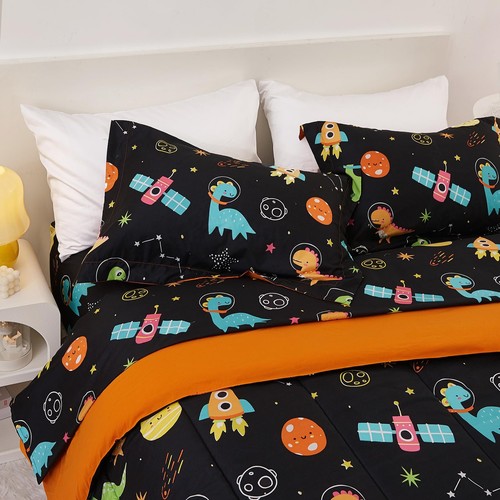 Space Dinosaur Comforter Set for Boys Twin, Cute Reversible Quilted Black Pri... - Picture 6 of 7