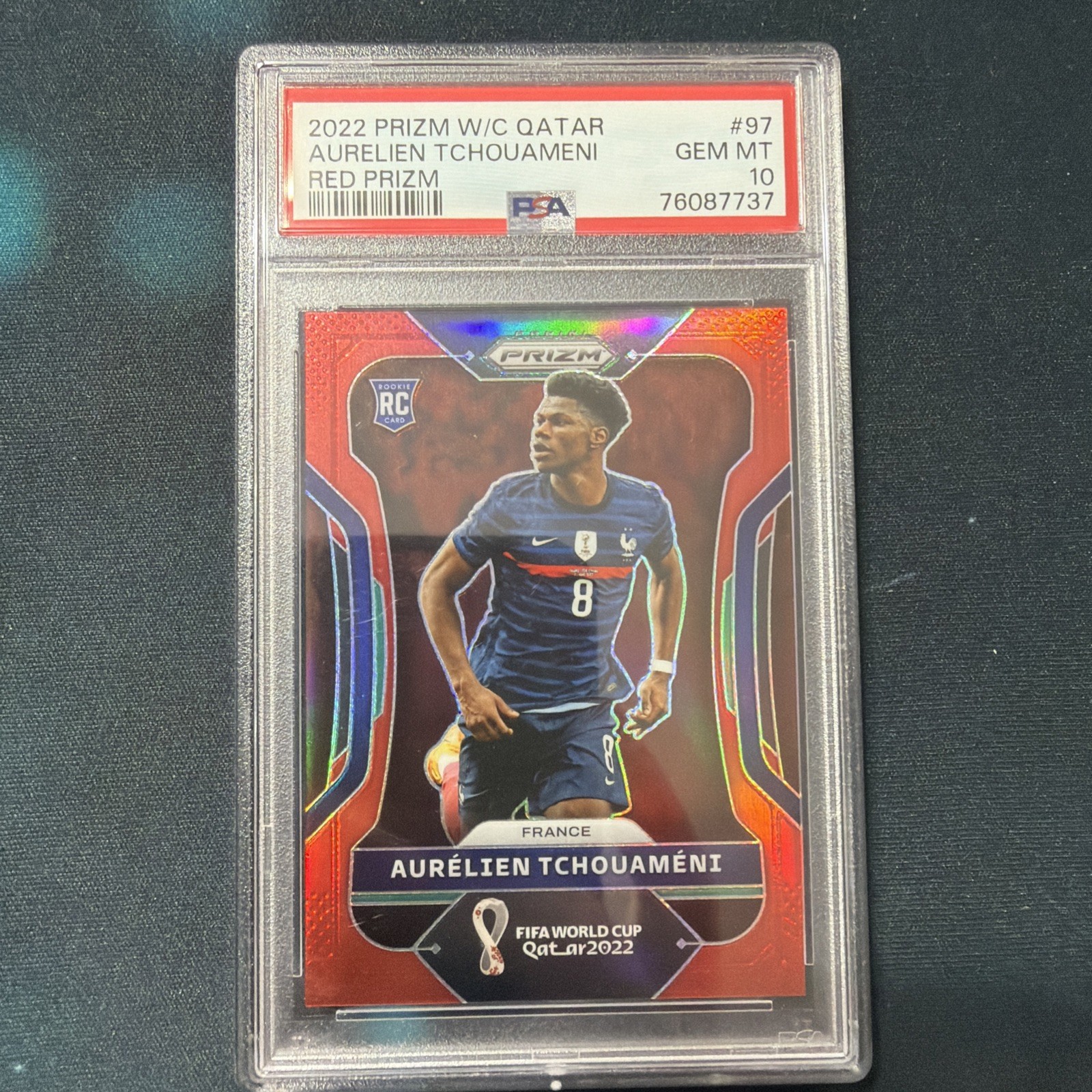 76087737 AURELIEN TCHOUAMENI 2022 Panini Prizm WC Qatar 97 Red RC /399 PSA 10