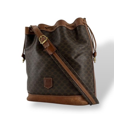 Celine Macadam Triomphe Brown Bucket Shoulder Bag Drawstring /Used++