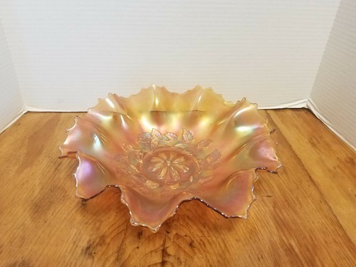 Antique Carnival Glass Cosmos Variant Marigold 9 1/2" Ruffled Bowl Iridescent - Picture 2 of 3