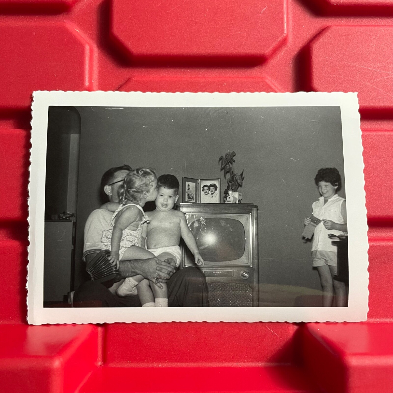 Father Holding Kids By The Television 5 x 3.5 Photograph Kodak Vintage 1950s