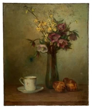 19thC - Realism Oil Canvas Painting - Breakfast with Bouquet Flowers and Brioche