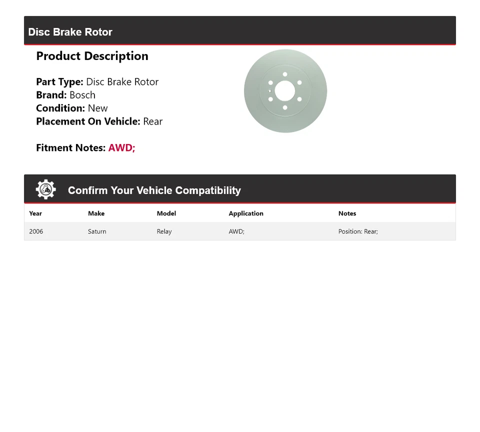 Rotor de freno de disco trasero Saturn Relay AWD Bosch QuietCast 2006 Foto 2 de 4