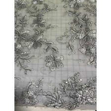 Silver Floral Sequin Embroidered Tulle Lace Fabric