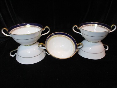 AYNSLEY BONE CHINA EMBASSY COBALT BLUE GOLD BAND 5 CREAM SOUP BOWLS 4 3/4'' WIDE