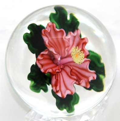 SCARCE Steven LUNDBERG Blooming HIBISCUS Flower Art Glass MARBLE Paperweight