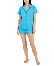 I.n.c. International Concepts Women's 2Pc Stretch Satin,Pajamas Set,Cyan Blue,XL