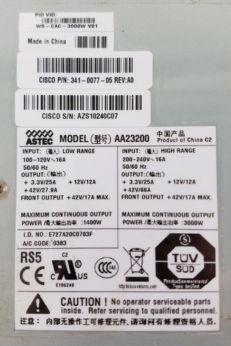 Astec AA23200 Cisco System Power Supply 341-0077-05 Rev:A0 Low/High 1400W/3000W - Picture 4 of 4