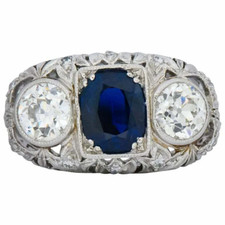 Art Deco 3.80 Carat Blue Sapphire  White CZ 925 Solid Silver Anniversary Ring