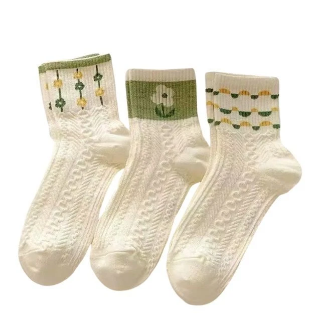 5 pares de calcetines florales estilo retro para mujer blancos y verdes amarillos con estampado de flores Foto 2 de 3