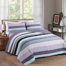 Safira Striped Purple 100 Cotton 3-Piece Quilt Set, Bedspread, Coverlet