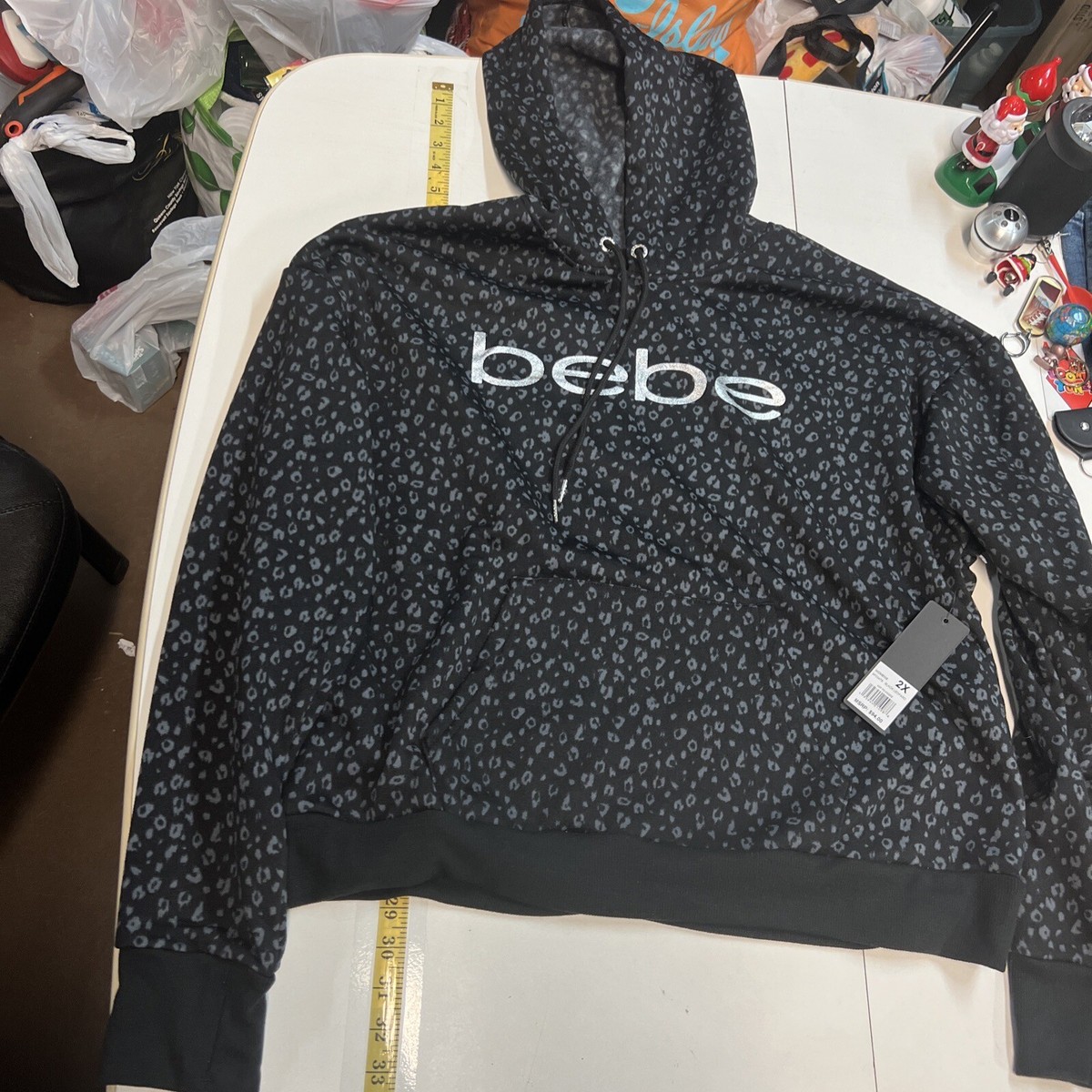 べべ bebe Black And Gray Leopard Hoodie Front Pocket Sweatshirt 2X MSRP