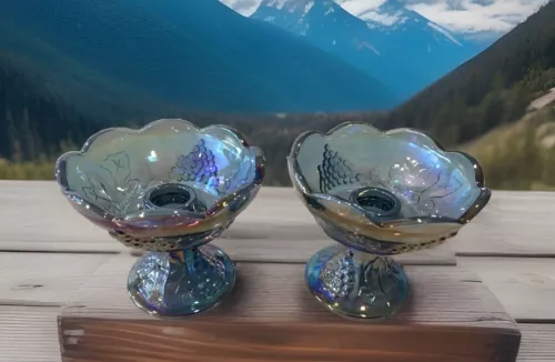 2 Vtg Indiana Glass Iridescent Harvest Grape Blue Carnival Candleholders 4’’Tall
