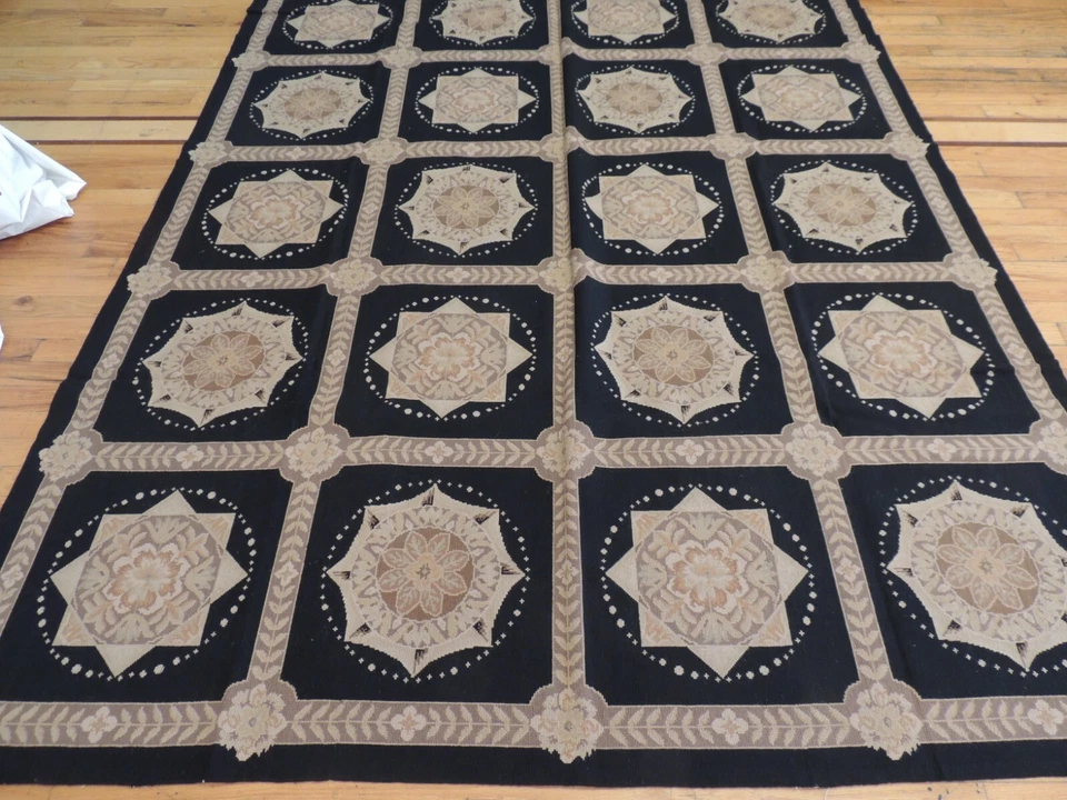 Alfombra Oriental 6x9 Diseño Aubusson Francés Punta de Aguja Negro Beige Patrón Caja Foto 3 de 4