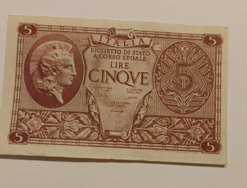 ITALY   5  Lire 1944   Good Condition
