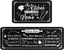Black Kitchen Rugs And Mats Non Skid Washable, Quotes Kitchen Mat Set Of 2 De...