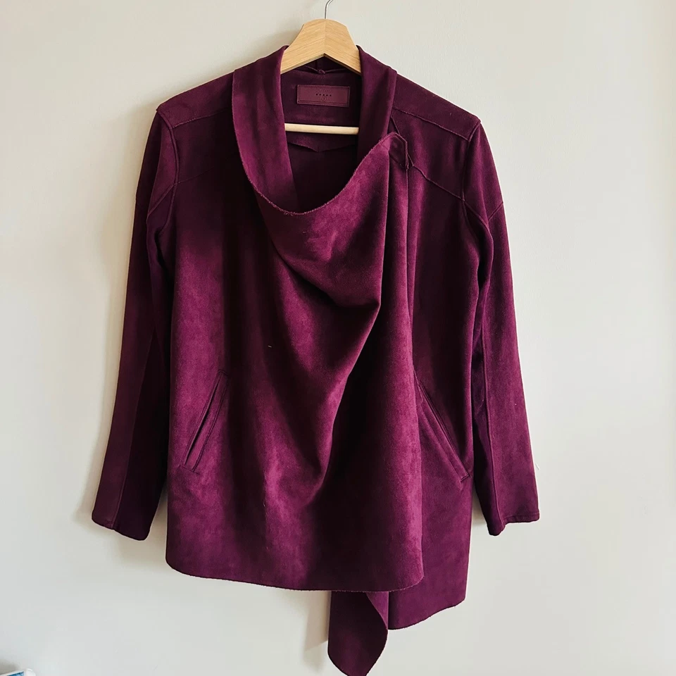 Anthropologie Blank NYC Faux Suede Jacket – Burgundy Drape Front Waterfall Small - Image 3 of 4