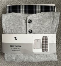 NEW TU Men's Pure Cotton Grey Ribbed Henley Top/Checked Bottoms Size L