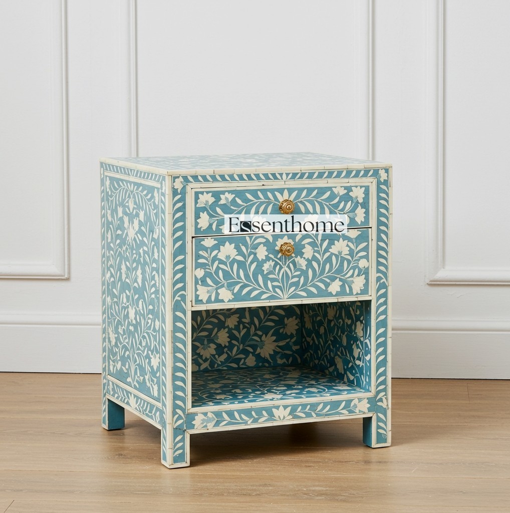 Handmade Sea Foam Blue Floral Bone Inlay 2-Drawer Chest |   Nightstand