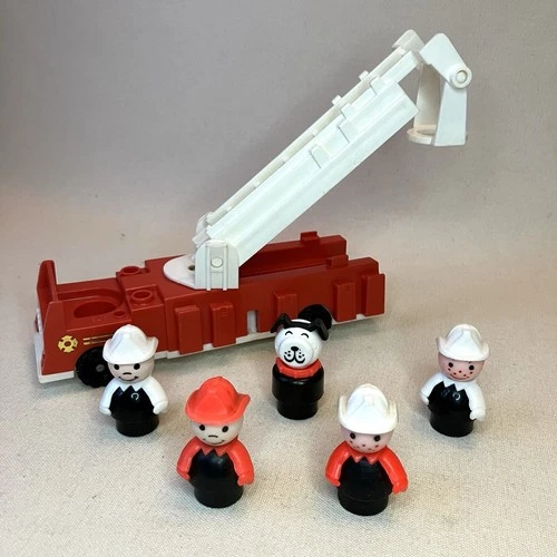 Vintage Fisher Price Little People Fire Truck w 4 Firemen & Dog Lot
