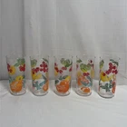Vintage Federal Clear Glass 6 1/4" Tall 5 Tumbler Glasses Colorful Fruit Barware